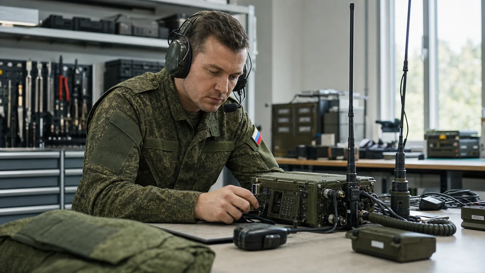 Военный связист ВС РФ проверяет радиостанцию и гарнитуру в мастерской