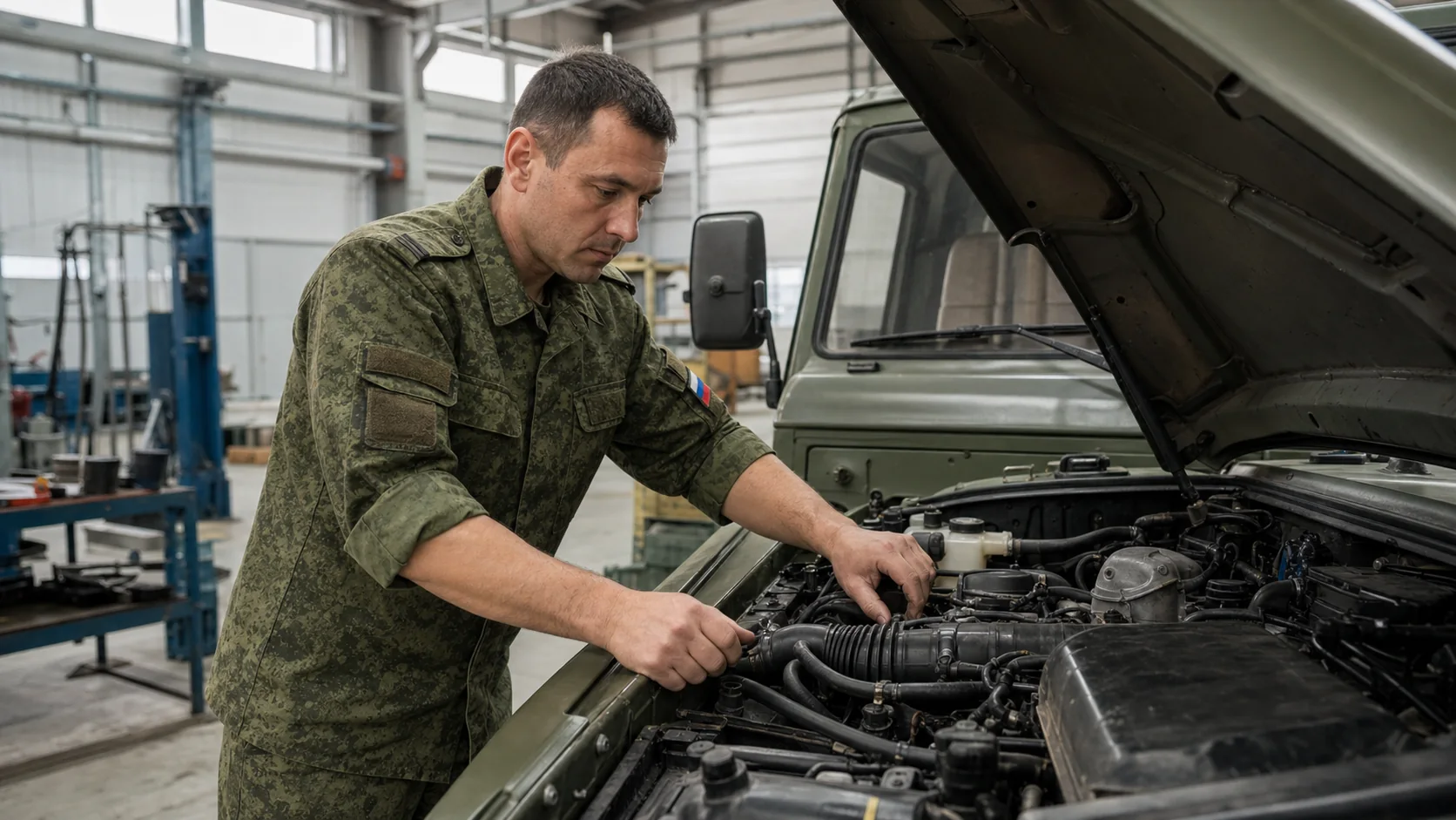 Военный водитель-механик ВС РФ обслуживает двигатель автомобиля в ремонтном подразделении