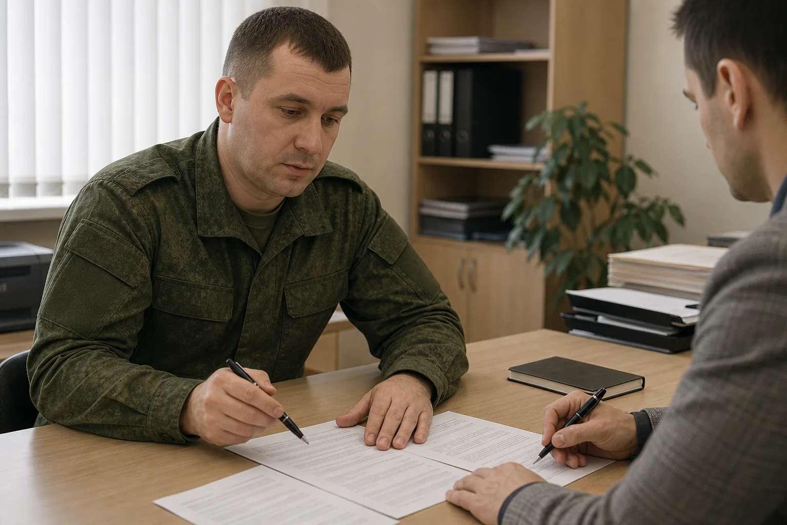 Военнослужащий ВС РФ проверяет документы для страховой выплаты